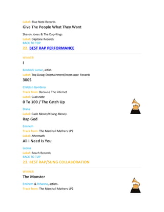 Label: Blue Note Records
Give The People What They Want
Sharon Jones & The Dap-Kings
Label: Daptone Records
BACK TO TOP
22. BEST RAP PERFORMANCE
WINNER
I
Kendrick Lamar, artist.
Label: Top Dawg Entertainment/Interscope Records
3005
Childish Gambino
Track from: Because The Internet
Label: Glassnote
0 To 100 / The Catch Up
Drake
Label: Cash Money/Young Money
Rap God
Eminem
Track from: The Marshall Mathers LP2
Label: Aftermath
All I Need Is You
Lecrae
Label: Reach Records
BACK TO TOP
23. BEST RAP/SUNG COLLABORATION
WINNER
The Monster
Eminem & Rihanna, artists.
Track from: The Marshall Mathers LP2
 