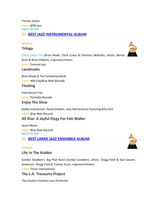 Tierney Sutton
Label: BFM Jazz
BACK TO TOP
33. BEST JAZZ INSTRUMENTAL ALBUM
WINNER
Trilogy
Chick Corea Trio (Brian Blade, Chick Corea & Christian McBride), artists. Bernie
Kirsh & Brian Vibberts, engineers/mixers.
Label: Concord Jazz
Landmarks
Brian Blade & The Fellowship Band
Label: Mid City/Blue Note Records
Floating
Fred Hersch Trio
Label: Palmetto Records
Enjoy The View
Bobby Hutcherson, David Sanborn, Joey DeFrancesco Featuring Billy Hart
Label: Blue Note Records
All Rise: A Joyful Elegy For Fats Waller
Jason Moran
Label: Blue Note Records
BACK TO TOP
34. BEST LARGE JAZZ ENSEMBLE ALBUM
WINNER
Life In The Bubble
Gordon Goodwin's Big Phat Band (Gordon Goodwin), artists. Gregg Field & Dan Savant,
producers. Gregg Field & Tommy Vicari, engineers/mixers.
Label: Telarc International
The L.A. Treasures Project
The Clayton-Hamilton Jazz Orchestra
 