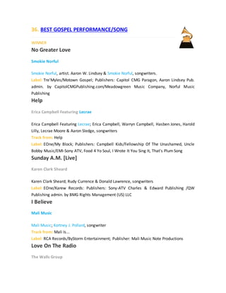 36. BEST GOSPEL PERFORMANCE/SONG
WINNER
No Greater Love
Smokie Norful
Smokie Norful, artist. Aaron W. Lindsey & Smokie Norful, songwriters.
Label: Tre'Myles/Motown Gospel; Publishers: Capitol CMG Paragon, Aaron Lindsey Pub.
admin. by CapitolCMGPublishing.com/Meadowgreen Music Company, Norful Music
Publishing
Help
Erica Campbell Featuring Lecrae
Erica Campbell Featuring Lecrae; Erica Campbell, Warryn Campbell, Hasben Jones, Harold
Lilly, Lecrae Moore & Aaron Sledge, songwriters
Track from: Help
Label: EOne/My Block; Publishers: Campbell Kids/Fellowship Of The Unashamed, Uncle
Bobby Music/EMI-Sony ATV, Food 4 Yo Soul, I Wrote It You Sing It, That's Plum Song
Sunday A.M. [Live]
Karen Clark Sheard
Karen Clark Sheard; Rudy Currence & Donald Lawrence, songwriters
Label: EOne/Karew Records: Publishers: Sony-ATV Charles & Edward Publishing /QW
Publishing admin. by BMG Rights Management (US) LLC
I Believe
Mali Music
Mali Music; Kortney J. Pollard, songwriter
Track from: Mali Is...
Label: RCA Records/ByStorm Entertainment; Publisher: Mali Music Note Productions
Love On The Radio
The Walls Group
 