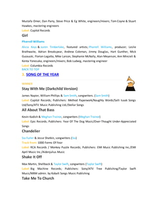 Mustafa Omer, Dan Parry, Steve Price & Eg White, engineers/mixers; Tom Coyne & Stuart
Hawkes, mastering engineers
Label: Capitol Records
Girl
Pharrell Williams
Alicia Keys & Justin Timberlake, featured artists; Pharrell Williams, producer; Leslie
Brathwaite, Adrian Breakspear, Andrew Coleman, Jimmy Douglas, Hart Gunther, Mick
Guzauski, Florian Lagatta, Mike Larson, Stephanie McNally, Alan Meyerson, Ann Mincieli &
Kenta Yonesaka, engineers/mixers; Bob Ludwig, mastering engineer
Label: Columbia Records
BACK TO TOP
3. SONG OF THE YEAR
WINNER
Stay With Me (Darkchild Version)
James Napier, William Phillips & Sam Smith, songwriters. (Sam Smith)
Label: Capitol Records; Publishers: Method Paperwork/Naughty Words/Salli Isaak Songs
Ltd/Sony/ATV Music Publishing Ltd./Stellar Songs
All About That Bass
Kevin Kadish & Meghan Trainor, songwriters (Meghan Trainor)
Label: Epic Records; Publishers: Year Of The Dog Music/Over-Thought Under-Appreciated
Songs
Chandelier
Sia Furler & Jesse Shatkin, songwriters (Sia)
Track from: 1000 Forms Of Fear
Label: RCA Records / Monkey Puzzle Records; Publishers: EMI Music Publishing Inc./EMI
April Music Inc./Aidenjulius Music
Shake It Off
Max Martin, Shellback & Taylor Swift, songwriters (Taylor Swift)
Label: Big Machine Records; Publishers: Sony/ATV Tree Publishing/Taylor Swift
Music/MXM admin. by Kobalt Songs Music Publishing
Take Me To Church
 