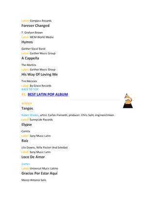 Label: Compass Records
Forever Changed
T. Graham Brown
Label: MCM World Media
Hymns
Gaither Vocal Band
Label: Gaither Music Group
A Cappella
The Martins
Label: Gaither Music Group
His Way Of Loving Me
Tim Menzies
Label: By Grace Records
BACK TO TOP
41. BEST LATIN POP ALBUM
WINNER
Tangos
Rubén Blades, artist. Carlos Franzetti, producer. Chris Sulit, engineer/mixer.
Label: Sunnyside Records
Elypse
Camila
Label: Sony Music Latin
Raíz
Lila Downs, Niña Pastori And Soledad
Label: Sony Music Latin
Loco De Amor
Juanes
Label: Universal Music Latino
Gracias Por Estar Aquí
Marco Antonio Solís
 