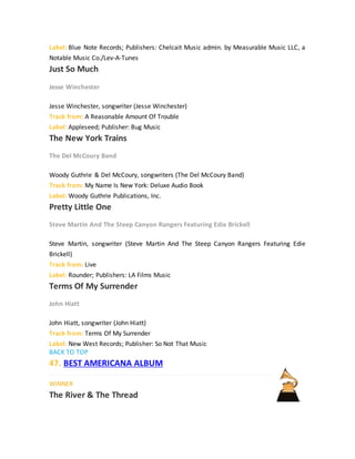 Label: Blue Note Records; Publishers: Chelcait Music admin. by Measurable Music LLC, a
Notable Music Co./Lev-A-Tunes
Just So Much
Jesse Winchester
Jesse Winchester, songwriter (Jesse Winchester)
Track from: A Reasonable Amount Of Trouble
Label: Appleseed; Publisher: Bug Music
The New York Trains
The Del McCoury Band
Woody Guthrie & Del McCoury, songwriters (The Del McCoury Band)
Track from: My Name Is New York: Deluxe Audio Book
Label: Woody Guthrie Publications, Inc.
Pretty Little One
Steve Martin And The Steep Canyon Rangers Featuring Edie Brickell
Steve Martin, songwriter (Steve Martin And The Steep Canyon Rangers Featuring Edie
Brickell)
Track from: Live
Label: Rounder; Publishers: LA Films Music
Terms Of My Surrender
John Hiatt
John Hiatt, songwriter (John Hiatt)
Track from: Terms Of My Surrender
Label: New West Records; Publisher: So Not That Music
BACK TO TOP
47. BEST AMERICANA ALBUM
WINNER
The River & The Thread
 
