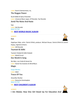 Label: Ranch Entertainment, Inc.
The Reggae Power
Sly & Robbie & Spicy Chocolate
Label: Universal Music Japan, VP Records, Taxi Records
Amid The Noise And Haste
Soja
Label: Ato Records
BACK TO TOP
53. BEST WORLD MUSIC ALBUM
WINNER
Eve
Angelique Kidjo, artist. Patrick Dillett, producer. Michael Brauer, Patrick Dillett & Laurent
Dupuy, engineers/mixers.
Label: 429 Records
Toumani & Sidiki
Toumani Diabaté & Sidiki Diabaté
Label: World Circuit
Our World In Song
Wu Man, Luis Conte & Daniel Ho
Label: Daniel Ho Creations & Wind Music
Magic
Sergio Mendes
Label: OKeh
Traces Of You
Anoushka Shankar
Label: Deutsche Grammophon
BACK TO TOP
54. BEST CHILDREN'S ALBUM
WINNER
I Am Malala: How One Girl Stood Up For Education And
 