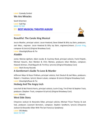 Label: Comedy Central
We Are Miracles
Sarah Silverman
Label: Sub Pop
BACK TO TOP
57. BEST MUSICAL THEATER ALBUM
WINNER
Beautiful: The Carole King Musical
Jessie Mueller, principal soloist. Jason Howland, Steve Sidwell & Billy Jay Stein, producers.
Joel Moss, engineer. Jason Howland & Billy Jay Stein, engineers/mixers. (Carole King,
composer & lyricist) (Original Broadway Cast)
Label: Ghostlight/Razor & Tie
Aladdin
James Monroe Iglehart, Adam Jacobs & Courtney Reed, principal soloists; Frank Filipetti,
Michael Kosarin, Alan Menken & Chris Montan, producers (Alan Menken, composer;
Howard Ashman, Chad Beguelin & Tim Rice, lyricists) (Original Broadway Cast)
Label: Walt Disney Records
A Gentleman's Guide To Love & Murder
Jefferson Mays & Bryce Pinkham, principal soloists; Kurt Deutsch & Joel Moss, producers;
Robert L. Freedman, lyricist; Steven Lutvak, composer & lyricist (Original Broadway Cast)
Label: Ghostlight/Razor & Tie
Hedwig And The Angry Inch
Lena Hall & Neil Patrick Harris, principal soloists; Justin Craig, Tim O'Heir & Stephen Trask,
producers (Stephen Trask, composer & lyricist) (Original Broadway Cast)
Label: Atlantic
West Side Story
Cheyenne Jackson & Alexandra Silber, principal soloists; Michael Tilson Thomas & Jack
Vad, producers (Leonard Bernstein, composer; Stephen Sondheim, lyricist) (Cheyenne
Jackson & Alexandra Silber With The San Francisco Symphony)
Label: SFS Media
BACK TO TOP
 