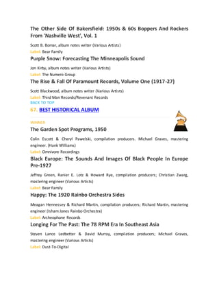 The Other Side Of Bakersfield: 1950s & 60s Boppers And Rockers
From 'Nashville West', Vol. 1
Scott B. Bomar, album notes writer (Various Artists)
Label: Bear Family
Purple Snow: Forecasting The Minneapolis Sound
Jon Kirby, album notes writer (Various Artists)
Label: The Numero Group
The Rise & Fall Of Paramount Records, Volume One (1917-27)
Scott Blackwood, album notes writer (Various Artists)
Label: Third Man Records/Revenant Records
BACK TO TOP
67. BEST HISTORICAL ALBUM
WINNER
The Garden Spot Programs, 1950
Colin Escott & Cheryl Pawelski, compilation producers. Michael Graves, mastering
engineer. (Hank Williams)
Label: Omnivore Recordings
Black Europe: The Sounds And Images Of Black People In Europe
Pre-1927
Jeffrey Green, Ranier E. Lotz & Howard Rye, compilation producers; Christian Zwarg,
mastering engineer (Various Artists)
Label: Bear Family
Happy: The 1920 Rainbo Orchestra Sides
Meagan Hennessey & Richard Martin, compilation producers; Richard Martin, mastering
engineer (Isham Jones Rainbo Orchestra)
Label: Archeophone Records
Longing For The Past: The 78 RPM Era In Southeast Asia
Steven Lance Ledbetter & David Murray, compilation producers; Michael Graves,
mastering engineer (Various Artists)
Label: Dust-To-Digital
 