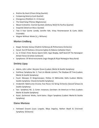  Brahms By Heart (Chiara String Quartet)
 Composing America (Lark Quartet)
 Divergence (Plattform K + K Vienna)
 The Good Song (Thomas Meglioranza)
 Mozart & Brahms: Clarinet Quintets (Anthony McGill & Pacifica Quartet)
 Snapshot (American Brass Quintet)
 Two X Four (Jaime Laredo, Jennifer Koh, Vinay Parameswaran & Curtis 20/21
Ensemble)
 Wagner Without Words (Ll_r Williams)
Morten Lindberg
 Beppe: Remote Galaxy (Vladimir Ashkenazy & Philharmonia Orchestra)
 Dyrud: Out Of Darkness (Vivianne Sydnes & Nidaros Cathedral Choir)
 Ja, Vi Elsker (Tone Bianca Sparre Dahl, Ingar Bergby, Staff Band Of The Norwegian
Armed Forces & Schola Cantorum)
 Symphonies Of Wind Instruments (Ingar Bergby & Royal Norwegian Navy Band)
Dmitriy Lipay
 Adams, John Luther: Become Ocean (Ludovic Morlot & Seattle Symphony)
 Dutilleux: Symphony No. 1; Tout Un Monde Lointain; The Shadows Of Time (Ludovic
Morlot & Seattle Symphony)
 Fauré: Masques Et Bergamasques; Pelléas Et Mélisande; Dolly (Ludovic Morlot,
Seattle Symphony Chorale & Seattle Symphony)
 Hindemith: Nobilissima Visione; Five Pieces For String Orchestra (Gerard Schwarz &
Seattle Symphony)
 Ives: Symphony No. 2; Carter: Instances; Gershwin: An American In Paris (Ludovic
Morlot & Seattle Symphony)
 Ravel: Orchestral Works; Saint-Saëns: Organ Symphony (Ludovic Morlot & Seattle
Symphony)
Elaine Martone
 Hallowed Ground (Louis Langrée, Maya Angelou, Nathan Wyatt & Cincinnati
Symphony Orchestra)
 