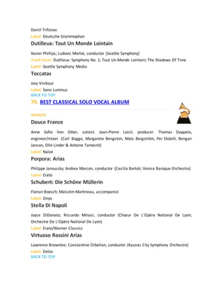 Daniil Trifonov
Label: Deutsche Grammophon
Dutilleux: Tout Un Monde Lointain
Xavier Phillips; Ludovic Morlot, conductor (Seattle Symphony)
Track from: Dutilleux: Symphony No. 1; Tout Un Monde Lointain; The Shadows Of Time
Label: Seattle Symphony Media
Toccatas
Jory Vinikour
Label: Sono Luminus
BACK TO TOP
79. BEST CLASSICAL SOLO VOCAL ALBUM
WINNER
Douce France
Anne Sofie Von Otter, soloist. Jean-Pierre Loisil, producer. Thomas Dappelo,
engineer/mixer. (Carl Bagge, Margareta Bengston, Mats Bergström, Per Ekdahl, Bengan
Janson, Olle Linder & Antoine Tamestit)
Label: Naïve
Porpora: Arias
Philippe Jaroussky; Andrea Marcon, conductor (Cecilia Bartoli; Venice Baroque Orchestra)
Label: Erato
Schubert: Die Schöne Müllerin
Florian Boesch; Malcolm Martineau, accompanist
Label: Onyx
Stella Di Napoli
Joyce DiDonato; Riccardo Minasi, conductor (Chœur De L'Opéra National De Lyon;
Orchestre De L'Opéra National De Lyon)
Label: Erato/Warner Classics
Virtuoso Rossini Arias
Lawrence Brownlee; Constantine Orbelian, conductor (Kaunas City Symphony Orchestra)
Label: Delos
BACK TO TOP
 