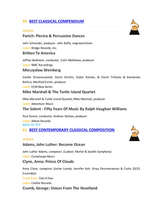 80. BEST CLASSICAL COMPENDIUM
WINNER
Partch: Plectra & Percussion Dances
John Schneider, producer. John Baffa, engineer/mixer.
Label: Bridge Records, Inc.
Britten To America
Jeffrey Skidmore, conductor; Colin Matthews, producer
Label: NMC Recordings
Mieczysław Weinberg
Giedrė Dirvanauskaitė, Daniil Grishin, Gidon Kremer, & Daniil Trifonov & Kremerata
Baltica; Manfred Eicher, producer
Label: ECM New Series
Mike Marshall & The Turtle Island Quartet
Mike Marshall & Turtle Island Quartet; Mike Marshall, producer
Label: Adventure Music
The Solent - Fifty Years Of Music By Ralph Vaughan Williams
Paul Daniel, conductor; Andrew Walton, producer
Label: Albion Records
BACK TO TOP
81. BEST CONTEMPORARY CLASSICAL COMPOSITION
WINNER
Adams, John Luther: Become Ocean
John Luther Adams, composer. (Ludovic Morlot & Seattle Symphony)
Label: Cantaloupe Music
Clyne, Anna: Prince Of Clouds
Anna Clyne, composer (Jaime Laredo, Jennifer Koh, Vinay Parameswaran & Curtis 20/21
Ensemble)
Track from: Two X Four
Label: Cedille Records
Crumb, George: Voices From The Heartland
 