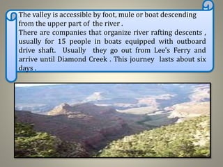 The valley is accessible by foot, mule or boat descending
from the upper part of the river .
There are companies that organize river rafting descents ,
usually for 15 people in boats equipped with outboard
drive shaft. Usually they go out from Lee's Ferry and
arrive until Diamond Creek . This journey lasts about six
days .
 