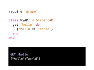require 'grape'
class MyAPI < Grape::API
get 'hello' do
{:hello => 'world'}
end
end
GET /hello
{“hello”:”world”}
 