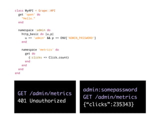 class MyAPI < Grape::API
get 'open' do
"Hello."
end
namespace :admin do
http_basic do |u,p|
u == 'admin' && p == ENV['ADMI...