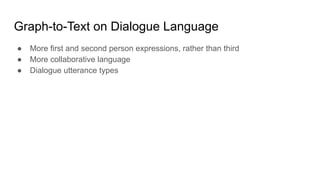 Graph-to-Text on Dialogue Language
● More first and second person expressions, rather than third
● More collaborative language
● Dialogue utterance types
 