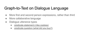 Graph-to-Text on Dialogue Language
● More first and second person expressions, rather than third
● More collaborative language
● Dialogue utterance types
● predicate statement (i like cookies)
● predicate question (what did you buy?)
 