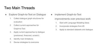 Two Main Threads
● Explore Graph-to-Text on Dialogue
1. Collect dialogue graph structures for
evaluation
2. Collect current approaches for
Graph-to-Text
3. Apply current approaches to dialogue
(pretrained, finetuned, scratch)
4. Identify main limitations
5. Devise strategies to overcome
● Implement Graph-to-Text
improvements over previous work
1. Start with Language Modeling ideas
2. Incorporate strategies from #5
3. Apply to standard datasets and dialogue
 