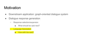 Motivation
● Downstream application: graph-oriented dialogue system
● Dialogue response generation
○ Response selection/expansion
■ What should be said next?
○ Language Generation
■ How will it be said?
 
