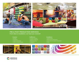 PRE & POST PRODUCTION SERVICES
From idea to installation, we have you covered!
Creative: Fulfillment: Installation
• Design • Custom Kitting • Nationwide
• Prepress • Online Ordering • Electrical & Hardware
• Color Correction • Warehousing • Common & Custom Solutions
• CAD & Visual Sheets • Logistics • Paint
 