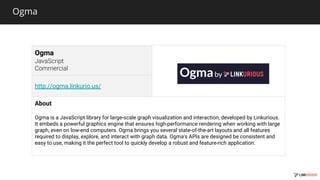 Ogma
Ogma
http://ogma.linkurio.us/
About
Ogma is a JavaScript library for large-scale graph visualization and interaction, developed by Linkurious.
It embeds a powerful graphics engine that ensures high-performance rendering when working with large
graph, even on low-end computers. Ogma brings you several state-of-the-art layouts and all features
required to display, explore, and interact with graph data. Ogma's APIs are designed be consistent and
easy to use, making it the perfect tool to quickly develop a robust and feature-rich application.
 