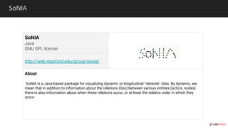 SoNIA
SoNIA
http://web.stanford.edu/group/sonia/
About
SoNIA is a Java-based package for visualizing dynamic or longitudinal "network" data. By dynamic, we
mean that in addition to information about the relations (ties) between various entities (actors, nodes)
there is also information about when these relations occur, or at least the relative order in which they
occur.
 