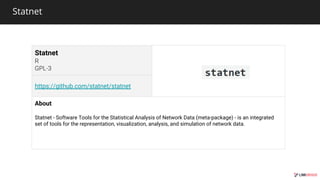 Statnet
Statnet
https://github.com/statnet/statnet
About
Statnet - Software Tools for the Statistical Analysis of Network Data (meta-package) - is an integrated
set of tools for the representation, visualization, analysis, and simulation of network data.
 