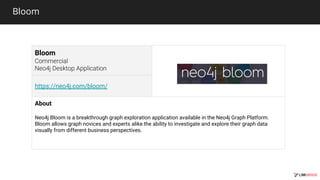 Bloom
Bloom
https://neo4j.com/bloom/
About
Neo4j Bloom is a breakthrough graph exploration application available in the Neo4j Graph Platform.
Bloom allows graph novices and experts alike the ability to investigate and explore their graph data
visually from different business perspectives.
 