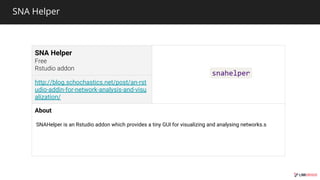 SNA Helper
SNA Helper
http://blog.schochastics.net/post/an-rst
udio-addin-for-network-analysis-and-visu
alization/
About
SNAHelper is an Rstudio addon which provides a tiny GUI for visualizing and analysing networks.s
 