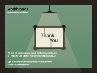 To talk to us about your visual content, get in touch:
t: +44 (0) 117 966 9189 or nickfarrar@workbrands.co..uk
Get our newsletter: workbrands.co.uk/subscribe/
Follow us: @workbrands
 