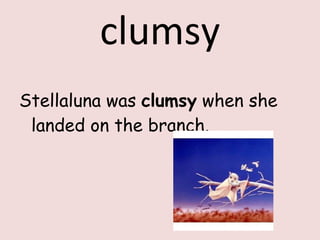 clumsy Stellaluna was  clumsy  when she landed on the branch. 