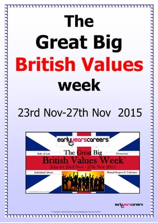 The
Great Big
British Values
week
23rd Nov-27th Nov 2015
™ Copyright © EarlyYearsCareers.com Outstanding Day Nurseries Ltd 2015
 