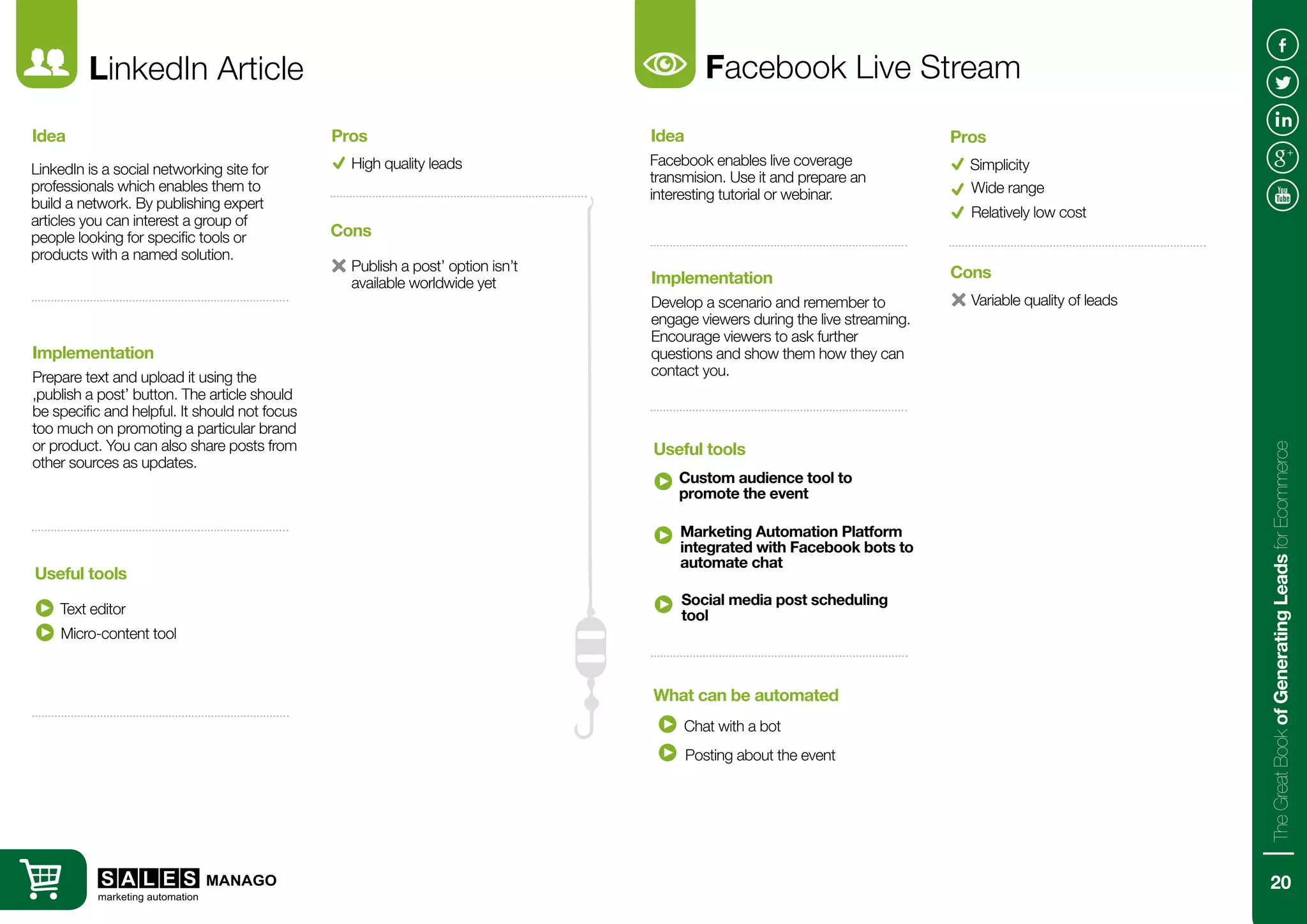 LinkedIn Article
LinkedIn is a social networking site for
professionals which enables them to
build a network. By publishing expert
articles you can interest a group of
people looking for specific tools or
products with a named solution.
Prepare text and upload it using the
‚publish a post’ button. The article should
be specific and helpful. It should not focus
too much on promoting a particular brand
or product. You can also share posts from
other sources as updates.
Idea
Implementation
Text editor
Useful tools
High quality leads
Publish a post’ option isn’t
available worldwide yet
Pros
Cons
Facebook Live Stream
Facebook enables live coverage
transmision. Use it and prepare an
interesting tutorial or webinar.
Develop a scenario and remember to
engage viewers during the live streaming.
Encourage viewers to ask further
questions and show them how they can
contact you.
Idea
Implementation
Custom audience tool to
promote the event
Chat with a bot
Useful tools
What can be automated
Simplicity
Variable quality of leads
Pros
Cons
Wide range
Relatively low cost
Micro-content tool
Marketing Automation Platform
integrated with Facebook bots to
automate chat
Social media post scheduling
tool
Posting about the event
20
TheGreatBookofGeneratingLeadsforEcommerce
 