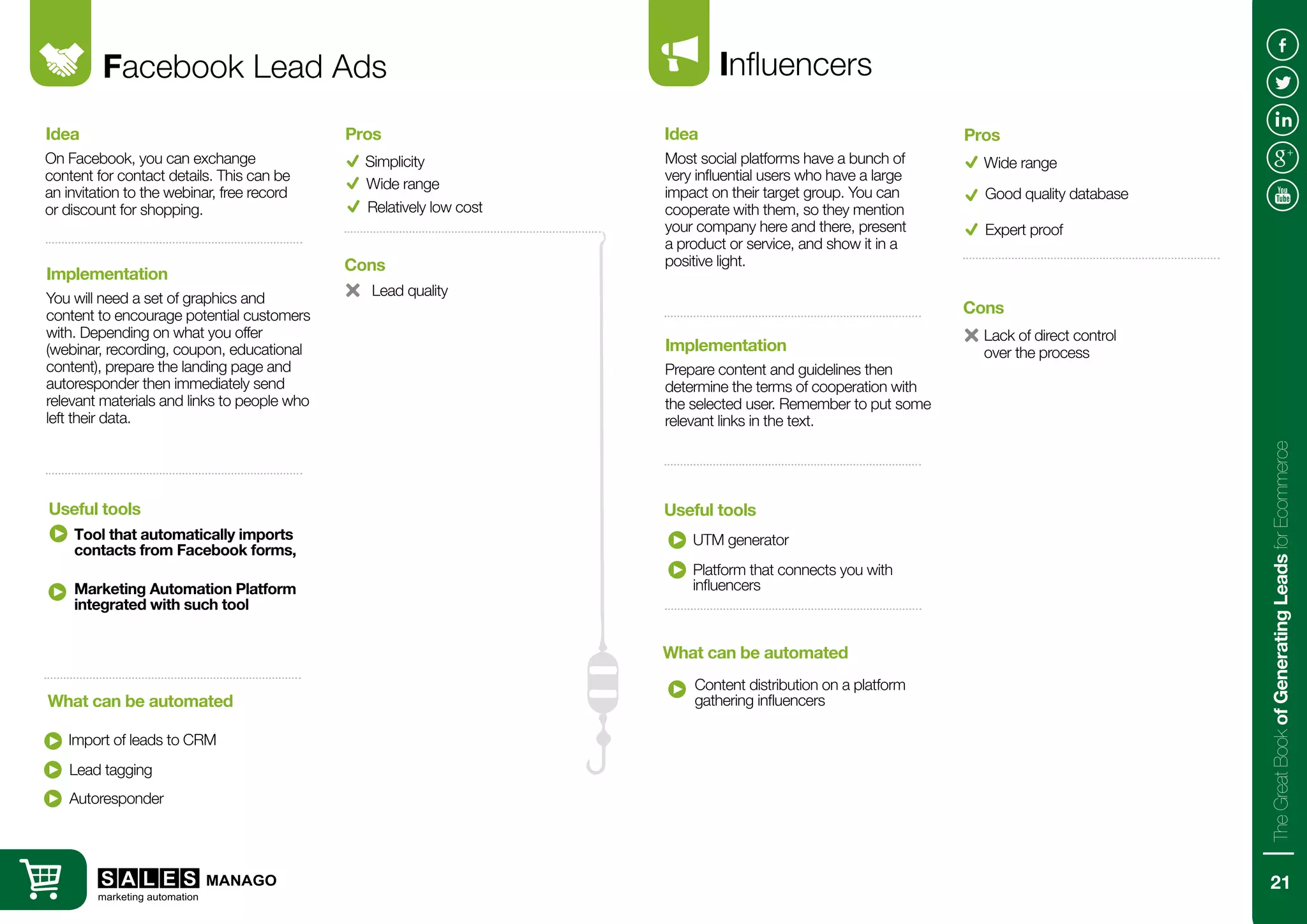 Facebook Lead Ads
On Facebook, you can exchange
content for contact details. This can be
an invitation to the webinar, free record
or discount for shopping.
You will need a set of graphics and
content to encourage potential customers
with. Depending on what you offer
(webinar, recording, coupon, educational
content), prepare the landing page and
autoresponder then immediately send
relevant materials and links to people who
left their data.
Idea
Implementation
Tool that automatically imports
contacts from Facebook forms,
Import of leads to CRM
Useful tools
What can be automated
Simplicity
Lead quality
Pros
Cons
Wide range
Influencers
Most social platforms have a bunch of
very influential users who have a large
impact on their target group. You can
cooperate with them, so they mention
your company here and there, present
a product or service, and show it in a
positive light.
Prepare content and guidelines then
determine the terms of cooperation with
the selected user. Remember to put some
relevant links in the text.
Idea
Implementation
UTM generator
Content distribution on a platform
gathering influencers
Useful tools
What can be automated
Wide range
Lack of direct control
over the process
Pros
Cons
Good quality database
Lead tagging
Platform that connects you with
influencers
Autoresponder
Relatively low cost
Expert proof
Marketing Automation Platform
integrated with such tool
21
TheGreatBookofGeneratingLeadsforEcommerce
 