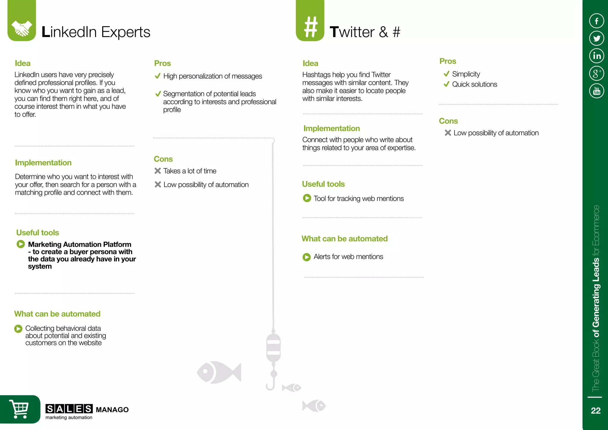 LinkedIn Experts
LinkedIn users have very precisely
defined professional profiles. If you
know who you want to gain as a lead,
you can find them right here, and of
course interest them in what you have
to offer.
Determine who you want to interest with
your offer, then search for a person with a
matching profile and connect with them.
Idea
Implementation
Marketing Automation Platform
- to create a buyer persona with
the data you already have in your
system
Collecting behavioral data
about potential and existing
customers on the website
Useful tools
What can be automated
High personalization of messages
Takes a lot of time
Pros
Cons
Low possibility of automation
Segmentation of potential leads
according to interests and professional
profile
Twitter & #
Hashtags help you find Twitter
messages with similar content. They
also make it easier to locate people
with similar interests.
Connect with people who write about
things related to your area of expertise.
Idea
Implementation
Tool for tracking web mentions
Alerts for web mentions
Useful tools
What can be automated
Simplicity
Low possibility of automation
Pros
Cons
Quick solutions
22
TheGreatBookofGeneratingLeadsforEcommerce
 