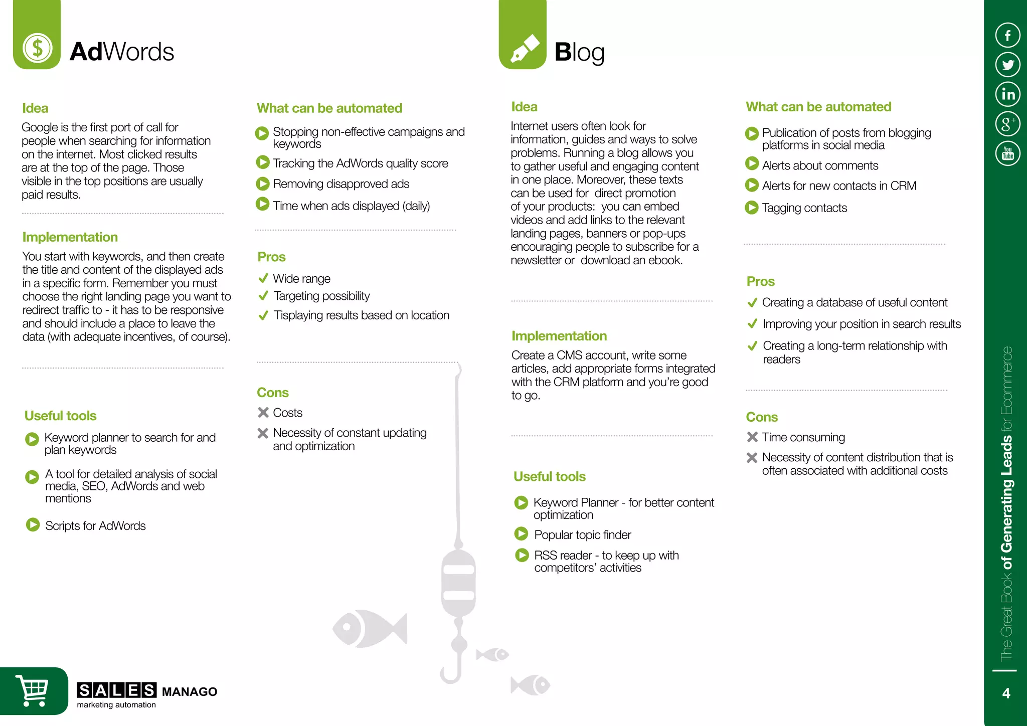 AdWords Blog
Google is the first port of call for
people when searching for information
on the internet. Most clicked results
are at the top of the page. Those
visible in the top positions are usually
paid results.
You start with keywords, and then create
the title and content of the displayed ads
in a specific form. Remember you must
choose the right landing page you want to
redirect traffic to - it has to be responsive
and should include a place to leave the
data (with adequate incentives, of course).
Idea
Implementation
Keyword planner to search for and
plan keywords
Stopping non-effective campaigns and
keywords
Useful tools
What can be automated
Wide range
Costs
Pros
Cons
Tracking the AdWords quality score
Removing disapproved ads
Time when ads displayed (daily)
A tool for detailed analysis of social
media, SEO, AdWords and web
mentions
Scripts for AdWords
Targeting possibility
Tisplaying results based on location
Necessity of constant updating
and optimization
Internet users often look for
information, guides and ways to solve
problems. Running a blog allows you
to gather useful and engaging content
in one place. Moreover, these texts
can be used for direct promotion
of your products: you can embed
videos and add links to the relevant
landing pages, banners or pop-ups
encouraging people to subscribe for a
newsletter or download an ebook.
Create a CMS account, write some
articles, add appropriate forms integrated
with the CRM platform and you’re good
to go.
Idea
Implementation
Keyword Planner - for better content
optimization
Publication of posts from blogging
platforms in social media
Useful tools
What can be automated
Creating a database of useful content
Time consuming
Pros
Cons
Alerts about comments
Alerts for new contacts in CRM
Tagging contacts
Popular topic finder
RSS reader - to keep up with
competitors’ activities
Improving your position in search results
Creating a long-term relationship with
readers
Necessity of content distribution that is
often associated with additional costs
4
TheGreatBookofGeneratingLeadsforEcommerce
 