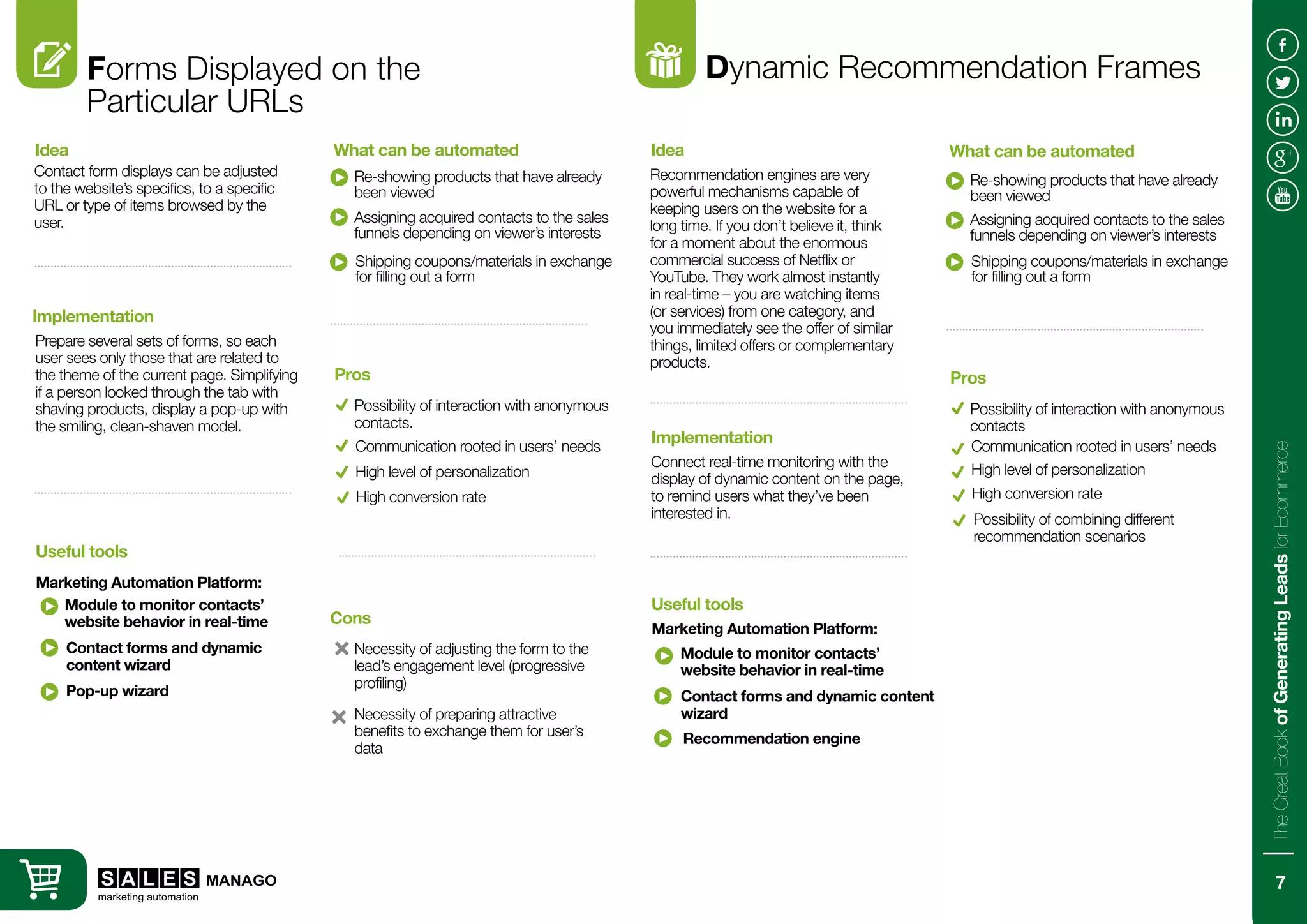 Forms Displayed on the
Particular URLs
Dynamic Recommendation Frames
Recommendation engines are very
powerful mechanisms capable of
keeping users on the website for a
long time. If you don’t believe it, think
for a moment about the enormous
commercial success of Netflix or
YouTube. They work almost instantly
in real-time – you are watching items
(or services) from one category, and
you immediately see the offer of similar
things, limited offers or complementary
products.
Connect real-time monitoring with the
display of dynamic content on the page,
to remind users what they’ve been
interested in.
Idea
Implementation
Marketing Automation Platform:
Re-showing products that have already
been viewed
Useful tools
What can be automated
Possibility of interaction with anonymous
contacts
Pros
Communication rooted in users’ needs
High level of personalization
Module to monitor contacts’
website behavior in real-time
Contact forms and dynamic content
wizard
Assigning acquired contacts to the sales
funnels depending on viewer’s interests
Shipping coupons/materials in exchange
for filling out a form
High conversion rate
Possibility of combining different
recommendation scenarios
Contact form displays can be adjusted
to the website’s specifics, to a specific
URL or type of items browsed by the
user.
Prepare several sets of forms, so each
user sees only those that are related to
the theme of the current page. Simplifying
if a person looked through the tab with
shaving products, display a pop-up with
the smiling, clean-shaven model.
Idea
Implementation
Marketing Automation Platform:
Re-showing products that have already
been viewed
Useful tools
What can be automated
Possibility of interaction with anonymous
contacts.
Necessity of adjusting the form to the
lead’s engagement level (progressive
profiling)
Pros
Cons
Communication rooted in users’ needs
High level of personalization
Necessity of preparing attractive
benefits to exchange them for user’s
data
Module to monitor contacts’
website behavior in real-time
Contact forms and dynamic
content wizard
Pop-up wizard
Assigning acquired contacts to the sales
funnels depending on viewer’s interests
Shipping coupons/materials in exchange
for filling out a form
High conversion rate
Recommendation engine
7
TheGreatBookofGeneratingLeadsforEcommerce
 