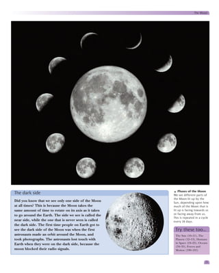 The Moon




                                                            Phases of the Moon
The dark side                                           We see different parts of
                                                        the Moon lit up by the
Did you know that we see only one side of the Moon      Sun, depending upon how
at all times? This is because the Moon takes the        much of the Moon that is
same amount of time to rotate on its axis as it takes   lit up is facing towards us
to go around the Earth. The side we see is called the   or facing away from us.
                                                        This is repeated in a cycle
near side, while the one that is never seen is called   every 28 days.
the dark side. The first time people on Earth got to
see the dark side of the Moon was when the first         Try these too…
astronauts made an orbit around the Moon, and            The Sun (10–11), The
took photographs. The astronauts lost touch with         Planets (12–13), Humans
Earth when they were on the dark side, because the       in Space (24–25), Oceans
                                                         (34–35), Forces and
moon blocked their radio signals.                        Motion (190–191)



                                                                                21
 