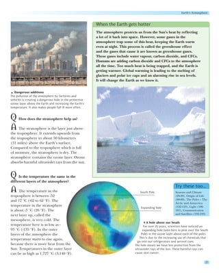 Earth’s Atmosphere


                                                          When the Earth gets hotter
                                                          The atmosphere protects us from the Sun’s heat by reflecting
                                                          a lot of it back into space. However, some gases in the
                                                          atmosphere trap some of this heat, keeping the Earth warm
                                                          even at night. This process is called the greenhouse effect
                                                          and the gases that cause it are known as greenhouse gases.
                                                          These gases include water vapour, carbon dioxide, and CFCs.
                                                          Humans are adding carbon dioxide and CFCs to the atmosphere
                                                          all the time. Too much heat is being trapped, and the Earth is
                                                          getting warmer. Global warming is leading to the melting of
                                                          glaciers and polar ice caps and an alarming rise in sea levels.
                                                          It will change the Earth as we know it.


  Dangerous additions
The pollution of the atmosphere by factories and
vehicles is creating a dangerous hole in the protective
ozone layer above the Earth and increasing the Earth’s
temperature. It also makes people fall ill more often.


Q How does the stratosphere help us?
A The stratosphere is the layer just above
the troposphere. It extends upwards from
the troposphere to about 50 kilometres
(31 miles) above the Earth’s surface.
Compared to the troposphere which is full
of moisture, the stratosphere is dry. The
stratosphere contains the ozone layer. Ozone
absorbs harmful ultraviolet rays from the sun.


Q    Is the temperature the same in the
different layers of the atmosphere?
                                                                                                              Try these too…
A The temperature in the                                                            South Pole                Seasons and Climate
troposphere is between -52                                                                                    (28-29), Origin of Life
and 17 °C (-62 to 62 °F). The                                                                                 (88-89), The Poles – The
                                                                                                              Arctic and Antarctica
temperature in the stratosphere                                                                               (122-123), Light (180-
                                                                                     Expanding hole
is about -3 °C (26 °F). The                                                                                   181), Communication
next layer up, called the                                                                                     and Satellites (192-193)

mesosphere, is very cold. The
                                                                                          A hole above our heads
temperature here is as low as -                                                         For over 20 years, scientists have noticed an
93 °C (-135 °F). In the outer                                                          expanding hole (seen here in pink over the South
layers of the atmosphere the                                                          Pole) in the ozone layer above each of the poles.
                                                                                    This is due to the increasing use of chemicals that
temperature starts to rise again,
                                                                                   go into our refrigerators and aerosol cans.
because there is more heat from the                                              The hole means we have less protection from the
Sun. Temperatures in the outer layer                                             ultraviolet rays of the Sun. These harmful rays can
can be as high as 1,727 °C (3,140 °F).                                           cause skin cancer.


                                                                                                                                     27
 