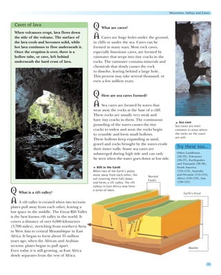 Mountains, Valleys and Caves


  Caves of lava
                                                 Q What are caves?
  When volcanoes erupt, lava flows down
  the side of the volcano. The surface of        A Caves are huge holes under the ground,
  the lava cools and becomes solid, while        in cliffs or under the sea. Caves can be
  hot lava continues to flow underneath it.      formed in many ways. Most rock caves,
  Once the eruption is over, there is a          especially limestone caves, are formed by
  hollow tube, or cave, left behind              rainwater that seeps into tiny cracks in the
  underneath the hard crust of lava.             rocks. The rainwater contains minerals and
                                                 chemicals that slowly causes the rock
                                                 to dissolve, leaving behind a large hole.
                                                 This process may take several thousand, or
                                                 even a few million years.


                                                 Q How are sea caves formed?
                                                 A Sea caves are formed by waves that
                                                 wear away the rocks at the base of a cliff.
                                                 These rocks are usually very weak and
                                                 have tiny cracks in them. The continuous
                                                                                                       Sea cave
                                                 pounding of the waves causes the tiny              Sea caves are most
                                                 cracks to widen and soon the rocks begin           common in areas where
                                                 to crumble and form small hollows.                 the rocks on the coast
                                                                                                    are soft.
                                                 These hollows keep expanding as sand,
                                                 gravel and rocks brought by the waves erode
                                                 their inner walls. Some sea caves are               Try these too…
                                                 submerged during high tide and can only             Other Landforms
                                                                                                     (32–33), Volcanoes
                                                 be seen when the water goes down at low tide.       (36–37), Earthquakes
                                                                                                     and Tsunamis (38–39),
                                                    Rift in the Earth                                South America
                                                 When two of the Earth’s plates                      (112–113), Australia
                                                 move away from each other, the                      and Oceania (114–115),
                                                                                     Normal
                                                 soil covering them falls down                       Africa (118–119), Asia
                                                                                     Faults
                                                 and forms a rift valley. The rift                   (120–121)
                                                 valleys in East Africa now form

Q What is a rift valley?                         a series of lakes.
                                                                                                          Earth’s Crust

A A rift valley is created when two tectonic
plates pull away from each other, leaving a
low space in the middle. The Great Rift Valley
is the best known rift valley in the world. It
covers a distance of over 6,000 kilometres
(3,700 miles), stretching from northern Syria
in West Asia to central Mozambique in East
Africa. It began to form about 35 million
years ago, when the African and Arabian
tectonic plates began to pull apart.
                                                                                                             Mantle
Even today it is still growing, as East Africa
slowly separates from the rest of Africa.

                                                                                                                          31
 
