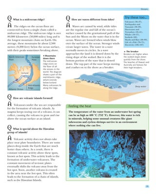 Oceans


                                                                                                            Try these too…
Q What is a mid-ocean ridge?                             Q How are waves different from tides?              Volcanoes (36–37),

A The ridges on the ocean floor are                      A Waves are caused by wind, while tides            Earthquakes and
                                                                                                            Tsunamis (38–39),
                                                                                                            Hurricanes and
connected to form a single chain called a                are the regular rise and fall of the ocean’s
                                                                                                            Tornadoes (40–41),
mid-ocean ridge. The mid-ocean ridge is over             surface caused by the gravitational pull of the    Whales (56–57),
80,000 kilometres (50,000 miles) long and is             Sun and the Moon on the water that is in the       Seabirds (60),
the longest mountain chain on Earth. On                  ocean. Waves are formed when winds blow            Sharks and Rays (68–69),
                                                                                                            Life of a Fish (70–71),
average, these mountains lie about 2,500                 over the surface of the ocean. Stronger winds      Electricity (186–187)
metres (8,200 feet) below the ocean surface,             create larger waves. The water in a wave
with their peaks sometimes breaking above.               normally moves in circles. As a wave                 The breaker
                                                         approaches the land it is slowed down by the      Breakers are higher when
                                     Mountains                                                             the seabed slopes down
 North American        Eurasian
                                   down there
                                                         rising slope of the seabed. But it is the
 Plate                 Plate                                                                               quickly from the shore.
                                   The mid-ocean         bottom portion of the wave that is slowed
                                                                                                           The beaches of Hawaii and
                                   ridge exists on       down. The top part of the wave keeps moving       Australia are famous for
                                   the floor of all      and crashes on to the shore as a breaker.         their high breakers.
                                   the oceans in the
                                   world. The diagram
             Iceland
                                   shows a part of the
                                   mid-Atlantic ridge,
                                   which extends
                                   below Iceland.               Beach              Surf
                    Mid-Atlantic   Many volcanoes lie
                                                                                                                      Deep water
                    Ridge          along the ridge.
 Atlantic Ocean



Q How are volcanic islands formed?
A Volcanoes under the sea are responsible                  Feeling the heat
for the formation of volcanic islands. As
magma keeps oozing out of a volcano, it can                The temperature of the water from an underwater hot spring
collect, causing the volcano to grow and rise              can be as high as 400 °C (752 °F). However, this water is rich
above the ocean surface as an island.                      in minerals, helping some unusual creatures like giant
                                                           tubeworms and eyeless shrimps survive in an environment
                                                           where nothing else can live.
Q What is special about the Hawaiian
group of islands?

A     Volcanic activity does not always take
place near plate boundaries. There are some
places deep inside the Earth that are much
hotter than others. As a result, there is
constant volcanic activity above these spots,
known as hot spots. This activity leads to the
formation of underwater volcanoes. The
constant movement of tectonic plates
eventually shifts the volcano away from the
hot spot. Soon, another volcano is created
in the area near the hot spot. This often
leads to the formation of a chain of islands,
such as the Hawaiian Islands.

                                                                                                                                   35
 