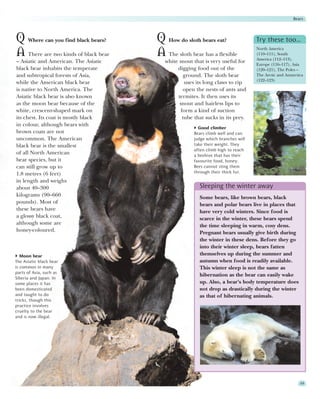 Bears



Q Where can you find black bears?     Q How do sloth bears eat?                  Try these too…
                                                                                 North America
A There are two kinds of black bear   A The sloth bear has a flexible            (110–111), South
                                                                                 America (112–113),
– Asiatic and American. The Asiatic      white snout that is very useful for
                                                                                 Europe (116–117), Asia
black bear inhabits the temperate             digging food out of the            (120–121), The Poles –
and subtropical forests of Asia,                  ground. The sloth bear         The Arctic and Antarctica
                                                                                 (122–123)
while the American black bear                     uses its long claws to rip
is native to North America. The                  open the nests of ants and
Asiatic black bear is also known              termites. It then uses its
as the moon bear because of the                snout and hairless lips to
white, crescent-shaped mark on                  form a kind of suction
its chest. Its coat is mostly black              tube that sucks in its prey.
in colour, although bears with
                                                       Good climber
brown coats are not                                  Bears climb well and can
uncommon. The American                               judge which branches will
black bear is the smallest                           take their weight. They
                                                     often climb high to reach
of all North American                                a beehive that has their
bear species, but it                                 favourite food, honey.
can still grow up to                                 Bees cannot sting them
1.8 metres (6 feet)                                  through their thick fur.
in length and weighs
about 40–300                                            Sleeping the winter away
kilograms (90–660                                       Some bears, like brown bears, black
pounds). Most of                                        bears and polar bears live in places that
these bears have                                        have very cold winters. Since food is
a glossy black coat,                                    scarce in the winter, these bears spend
although some are                                       the time sleeping in warm, cosy dens.
honey-coloured.                                         Pregnant bears usually give birth during
                                                        the winter in these dens. Before they go
                                                        into their winter sleep, bears fatten
   Moon bear                                            themselves up during the summer and
The Asiatic black bear                                  autumn when food is readily available.
is common in many                                       This winter sleep is not the same as
parts of Asia, such as
                                                        hibernation as the bear can easily wake
Siberia and Japan. In
some places it has                                      up. Also, a bear’s body temperature does
been domesticated                                       not drop as drastically during the winter
and taught to do                                        as that of hibernating animals.
tricks, though this
practice involves
cruelty to the bear
and is now illegal.




                                                                                                        49
 