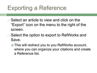 Signing up forGo to the Library’s e-research page: http://www.stu.edu/libraryClick on the Research link on the menu (left side of screen)Select the “RefWorks” link at the top of the list.