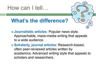 How can I tell…What’s the difference?Journalistic articles: Popular news style. Approachable, mass-media writing that appeals to a wide audience.Scholarly, journal articles: Research-based, often peer-reviewed articles written by academics. Advanced writing style that appeals to scholars and researchers.