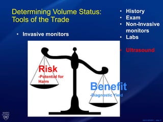 ©2015 MFMER | slide-17
Determining Volume Status:
Tools of the Trade
Risk
-Potential for
Harm
Benefit
-Diagnostic Yield
• History
• Exam
• Non-Invasive
monitors
• Labs
• Ultrasound
• Invasive monitors
 