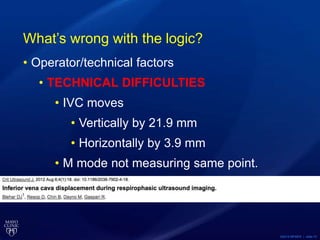 ©2015 MFMER | slide-73
What’s wrong with the logic?
• Operator/technical factors
• TECHNICAL DIFFICULTIES
• IVC moves
• Vertically by 21.9 mm
• Horizontally by 3.9 mm
• M mode not measuring same point.
 