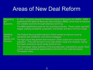 Areas of New Deal Reform
Regulating   In 1933, Congress passed the National Industrial Recovery Act (NIRA). NIRA
the          established the National Recovery Administration (NRA), which tried to balance
Economy      the unstable economy through extensive planning.
             The NRA established codes for fair business practices. These codes regulated
             wages, working conditions, production, and prices, and set a minimum wage.

Assisting    The Federal Housing Administration (FHA) worked to improve housing
Home-        standards and conditions, and insure mortgages.
owners and   The Agricultural Adjustment Administration (AAA) raised farm prices through
Farmers      subsidies. They paid farmers not to raise certain crops and livestock, hoping
             that lower production would cause prices to rise.
             The Tennessee Valley Authority (TVA) provided jobs, hydroelectric power, flood
             control, and recreational opportunities to farmers in the underdeveloped
             Tennessee Valley.




                                            X
 