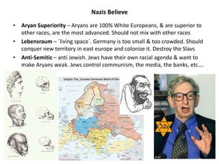 Nazis Believe
• Aryan Superiority – Aryans are 100% White Europeans, & are superior to
other races, are the most advanced. Should not mix with other races
• Lebensraum – ´living space´. Germany is too small & too crowded. Should
conquer new territory in east europe and colonize it. Destroy the Slavs
• Anti-Semitic – anti Jewish. Jews have their own racial agenda & want to
make Aryans weak. Jews control communism, the media, the banks, etc….
 