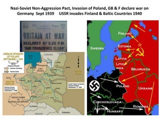 Nazi-Soviet Non-Aggression Pact, Invasion of Poland, GB & F declare war on
Germany Sept 1939 USSR invades Finland & Baltic Countries 1940
 