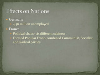  Germany
   4.38 million unemployed
 France
   Political chaos- six different cabinets
   Formed Popular Front- combined Communist, Socialist,
    and Radical parties
 