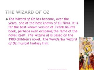  The Wizard of Oz has become, over the
 years, one of the best known of all films. It is
 far the best-known version of Frank Baum's
 book, perhaps even eclipsing the fame of the
 novel itself. The Wizard of is Based on the
 1900 children's novel, The Wonderful Wizard
 of Oz musical fantasy film.




                            http://www.bing.com/search?q=the+wizard+of+oz&src=IE-SearchBox&adlt=strict
 