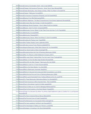 7679 [finance]Currency Conversation Chart - how to read it[4649]
7680 [finance]Cheaper Life Insurance Premiums - Some Tips to Save Money[4588]
7681 [finance]Cheap Bankruptcy; How Cheap Is Cheap What You Need To Know[4579]
7682 [finance]Chapter 7 Bakruptcy Forms[4603]
7683 [finance]Car Insurance Comparison Shopping Just Got Easier[4622]
7684 [finance]Buying A Car After Bankruptcy[4604]
7685 [finance]Broker Nightmare The Most Comprehensive Forex Broker Nightmare Review[4629]
7686 [finance]Borrowers May See Change in Credit Scores[4651]
7687 [finance]Bollinger Bands Explained - How to Make Profit from It[4648]
7688 [finance]Beware Cash For Gold Companies[4600]
7689 [finance]Bankruptcy Forms; Where To Get Them From And How To Fill Them[4605]
7690 [finance]Bankruptcy Courses[4580]
7691 [finance]Bankruptcy Classes[4581]
7692 [finance]Bankruptcy Advice- When And Where To Get It From[4606]
7693 [finance]Avoiding the Payday Loan Traps[4589]
7694 [finance]Are Faxless Payday Loans Legitimate [4634]
7695 [finance]All about various Forex Robots available[4610]
7696 [finance]Against Bankruptcy; What Other Options Do You Have[4582]
7697 [finance]Your Quick Guide to Stock Investing[2106]
7698 [finance]Wondering About the Cost of Declaring Bankruptcy [2059]
7699 [finance]Why You Require a Debt Settlement Company [2031]
7700 [finance]Why Learn Stock Trading When You Can Learn Forex Trading[2045]
7701 [finance]Where To Find The Best High Dividend Stocks[2026]
7702 [finance]What Will Life After Chapter 7 Bankruptcy Be Like [2069]
7703 [finance]What to Look For in Travel Insurance[2003]
7704 [finance]What is the Stock Market You Ask [2080]
7705 [finance]What is Bankruptcy Automatic Stay[2061]
7706 [finance]What Is A Secured And Unsecured Debt Consolidation Loan [2032]
7707 [finance]What Are the Pros and Cons of Declaring Bankruptcy [2064]
7708 [finance]What a good Automated Forex Trading Software will do for you[2076]
7709 [finance]Try These Bankruptcy Alternatives Before You Decide[2057]
7710 [finance]Travel Insurance is More Important Now Than Ever[2002]
7711 [finance]Tips to hire adviser to get rid of debts easily[2040]
7712 [finance]Tips to Follow as You Opt For Mortgage Refinance[2072]
7713 [finance]Tips for the Investors in the Stock Market Today[2081]
7714 [finance]Things You Shouldn't Do When You Write a Debt Settlement Letter to Creditor For a Low Payment
     Amount[2016]
7715 [finance]The Real Unclaimed Money Money Maker[2025]
7716 [finance]The Pros and Cons of Credit Cards[2034]
7717 [finance]The Mechanism of a Successful Online trading[2013]
7718 [finance]The many questions I will like to ask Sanusi[2037]
7719 [finance]The Advantages of Selling your Pension Loan[2049]
7720 [finance]Strategies in Investing in the Stock Market[2098]
 