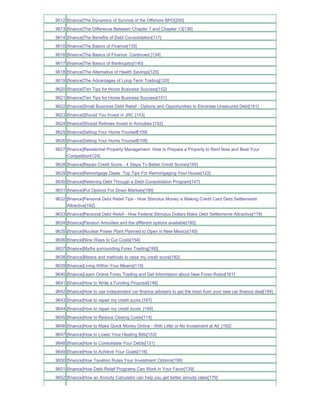 9612 [finance]The Dynamics of Survival of the Offshore BPO[200]
9613 [finance]The Difference Between Chapter 7 and Chapter 13[136]
9614 [finance]The Benefits of Debt Consolidation[117]
9615 [finance]The Basics of Finance[135]
9616 [finance]The Basics of Finance Continued [134]
9617 [finance]The Basics of Bankruptcy[140]
9618 [finance]The Alternative of Health Savings[125]
9619 [finance]The Advantages of Long-Term Trading[120]
9620 [finance]Ten Tips for Home Business Success[152]
9621 [finance]Ten Tips for Home Business Success[151]
9622 [finance]Small Business Debt Relief - Options and Opportunities to Eliminate Unsecured Debt[181]
9623 [finance]Should You Invest in JRC [143]
9624 [finance]Should Retirees Invest in Annuities [142]
9625 [finance]Selling Your Home Yourself[109]
9626 [finance]Selling Your Home Yourself[108]
9627 [finance]Residential Property Management How to Prepare a Property to Rent Now and Beat Your
     Competition[124]
9628 [finance]Repair Credit Score - 4 Steps To Better Credit Scores[165]
9629 [finance]Remortgage Deals Top Tips For Remortgaging Your House[122]
9630 [finance]Relieving Debt Through a Debt Consolidation Program[147]
9631 [finance]Put Options For Down Markets[196]
9632 [finance]Personal Debt Relief Tips - How Stimulus Money is Making Credit Card Debt Settlements
     Attractive[192]
9633 [finance]Personal Debt Relief - How Federal Stimulus Dollars Make Debt Settlements Attractive[178]
9634 [finance]Pension Annuities and the different options available[180]
9635 [finance]Nuclear Power Plant Planned to Open in New Mexico[145]
9636 [finance]Nine Ways to Cut Costs[154]
9637 [finance]Myths surrounding Forex Trading[160]
9638 [finance]Means and methods to raise my credit score[182]
9639 [finance]Living Within Your Means[119]
9640 [finance]Learn Online Forex Trading and Get Information about New Forex Robot[161]
9641 [finance]How to Write a Funding Proposal[146]
9642 [finance]How to use independent car finance advisers to get the most from your new car finance deal[194]
9643 [finance]How to repair my credit score [197]
9644 [finance]How to repair my credit score [195]
9645 [finance]How to Reduce Closing Costs[114]
9646 [finance]How to Make Quick Money Online - With Little or No Investment at All_[162]
9647 [finance]How to Lower Your Heating Bills[153]
9648 [finance]How to Consolidate Your Debts[131]
9649 [finance]How to Achieve Your Goals[116]
9650 [finance]How Taxation Rules Your Investment Options[199]
9651 [finance]How Debt Relief Programs Can Work in Your Favor[139]
9652 [finance]How an Annuity Calculator can help you get better annuity rates[179]
 