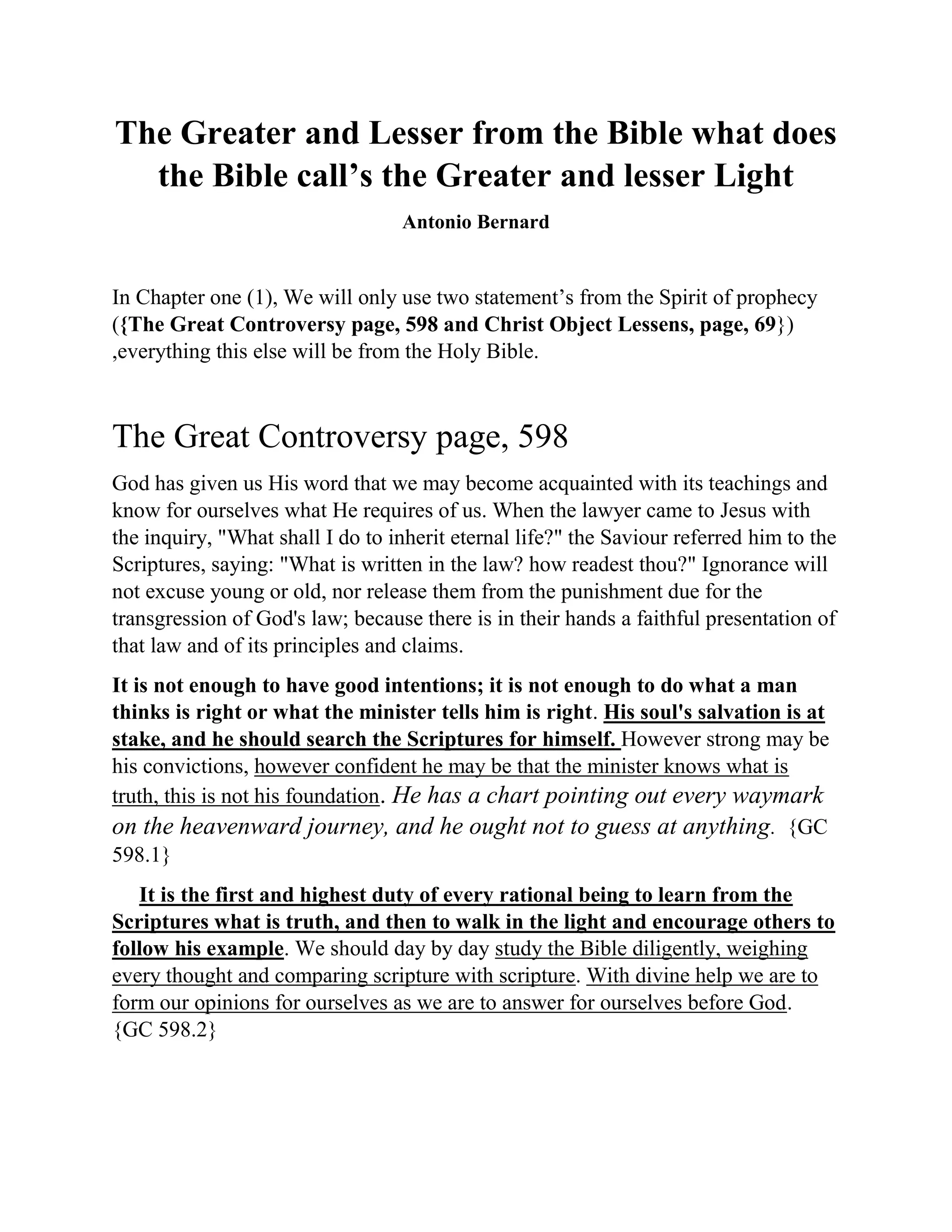The Greater and Lesser light (The Holy Bible or The Spirit of Prophecy ...